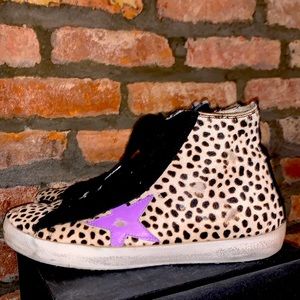 GOLDEN GOOSE Francy RARE Cheetah print pony hair distressed sneakers SZ 7